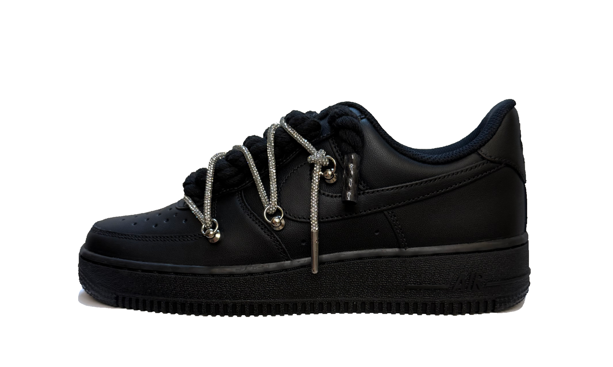 Custom Nike Air Force 1 Low Black Glitter Rope Laces Black – čierne tenisky s trblietavými striebornými šnúrkami a ikonickým logom Swoosh