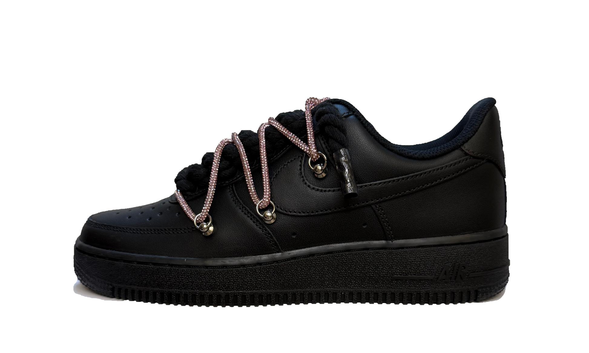 Custom Nike Air Force 1 Low Black Glitter Rope Laces Black – čierne tenisky s trblietavými rúžovými šnúrkami a ikonickým logom Swoosh