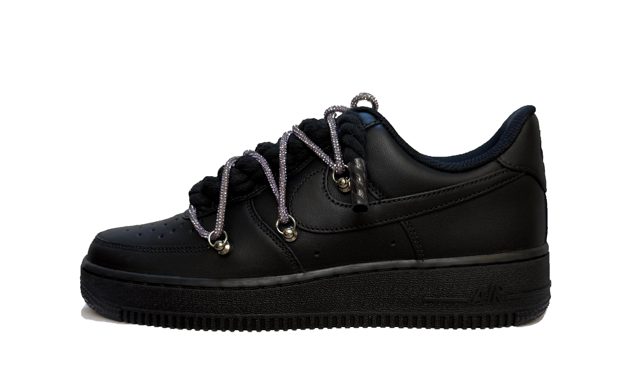 Custom Nike Air Force 1 Low Black Glitter Rope Laces Black – čierne tenisky s trblietavými fialovými šnúrkami a ikonickým logom Swoosh