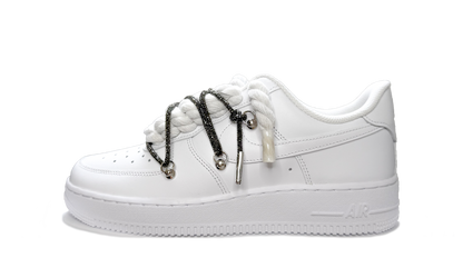 Custom Nike Air Force 1 Low White Double Rope Laces White Black – biele tenisky s dvojitými bielo-čiernymi šnúrkami a ikonickým logom Swoosh