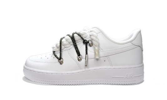 Custom Nike Air Force 1 Low White Double Rope Laces White Black – biele tenisky s dvojitými bielo-čiernymi šnúrkami a ikonickým logom Swoosh