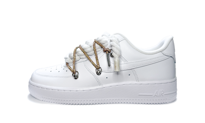 Custom Nike Air Force 1 Low White Double Rope Laces White Gold – biele tenisky s dvojitými bielo-zlatými rope šnúrkami a ikonickým logom Swoosh