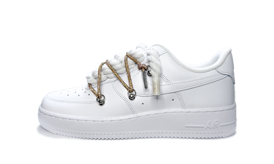 Custom Nike Air Force 1 Low White Double Rope Laces White Gold – biele tenisky s dvojitými bielo-zlatými rope šnúrkami a ikonickým logom Swoosh