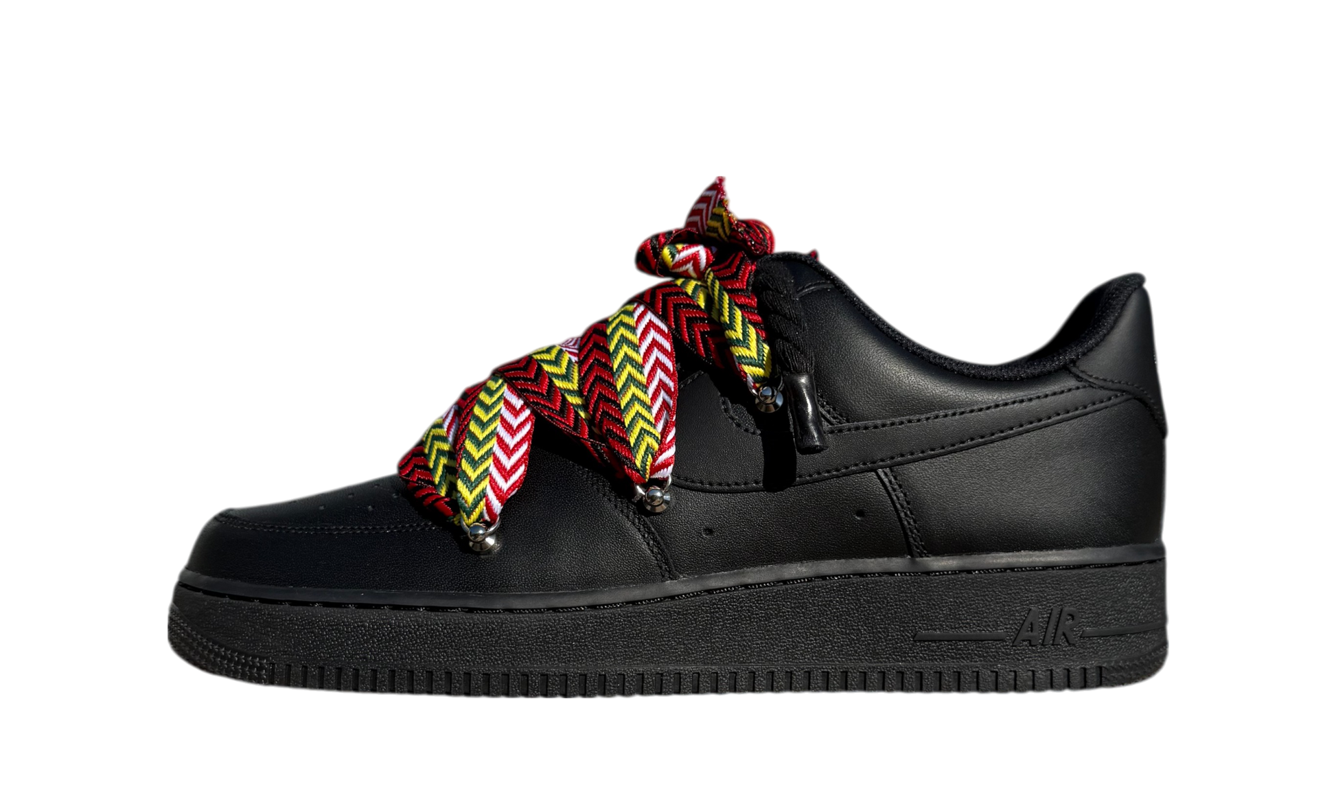 Custom Nike Air Force 1 Black Lanvin Rope Laces Multicolor – čierne tenisky s farebnými lanvin šnúrkami a ikonickým logom Swoosh