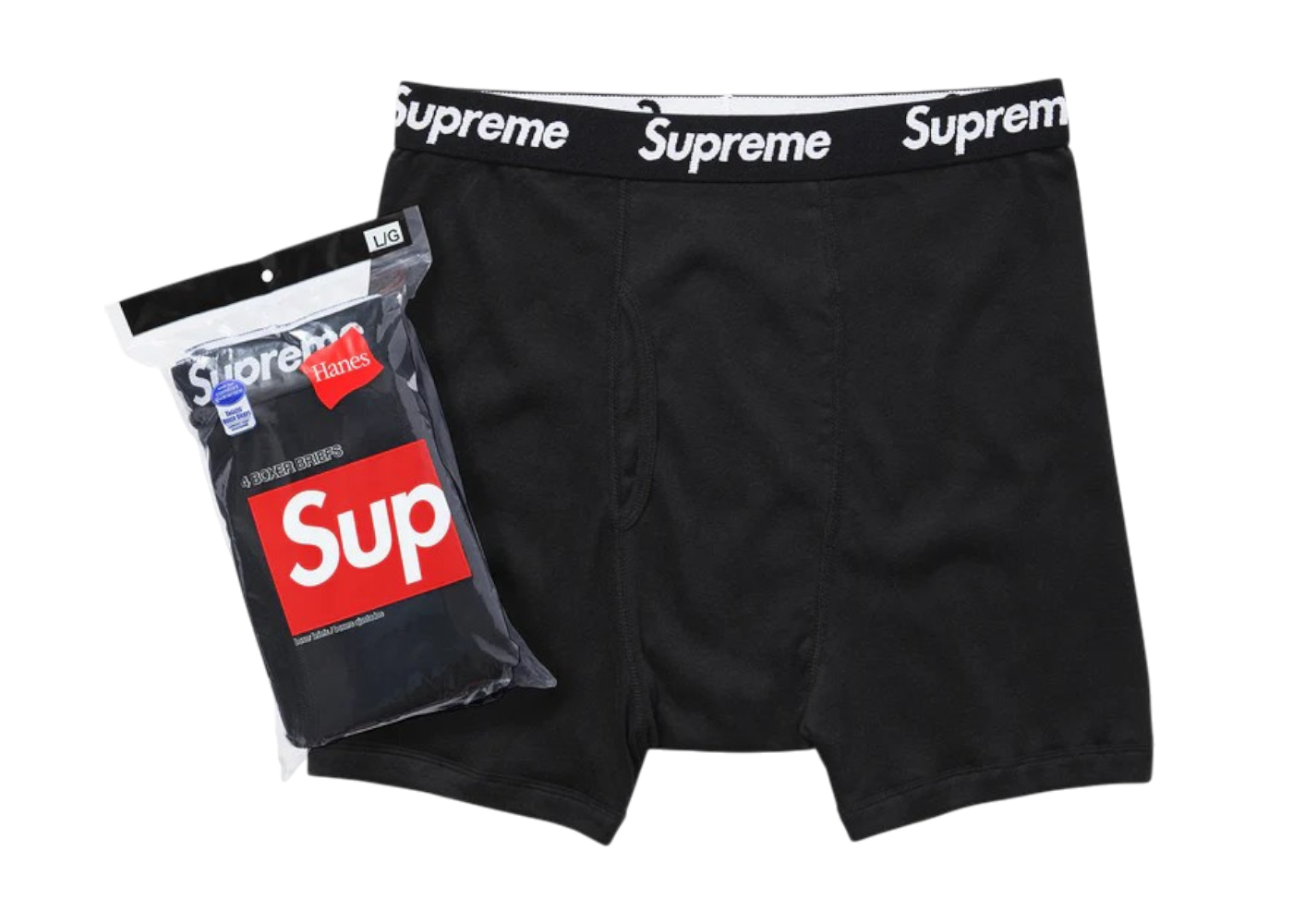 Čierne Supreme Hanes Boxers s červeným logom Supreme na elastickom páse