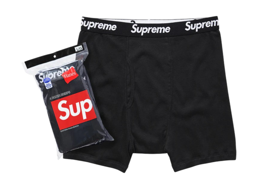 Čierne Supreme Hanes Boxers s červeným logom Supreme na elastickom páse