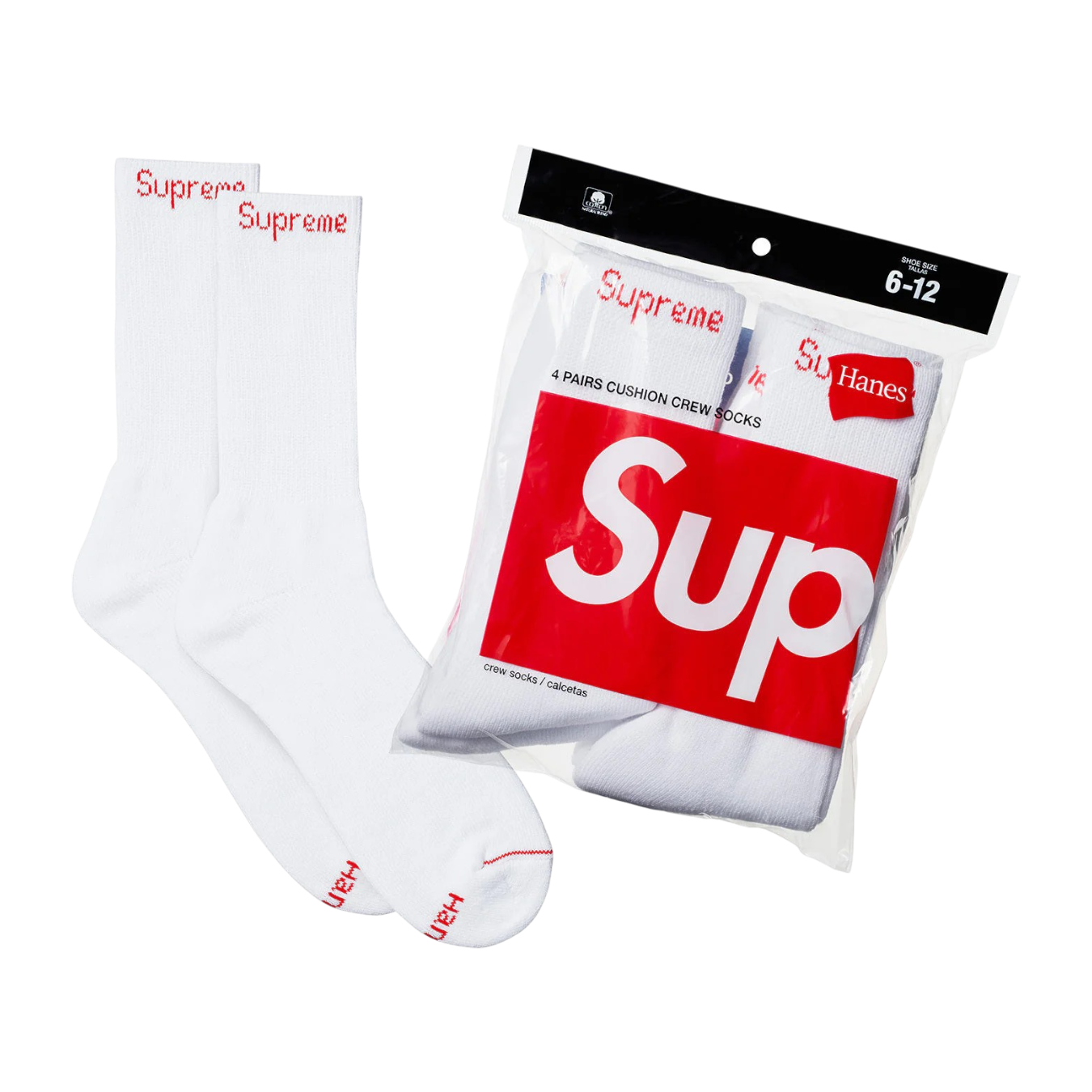 Biele Supreme Hanes Crew ponožky s červeným logom Supreme