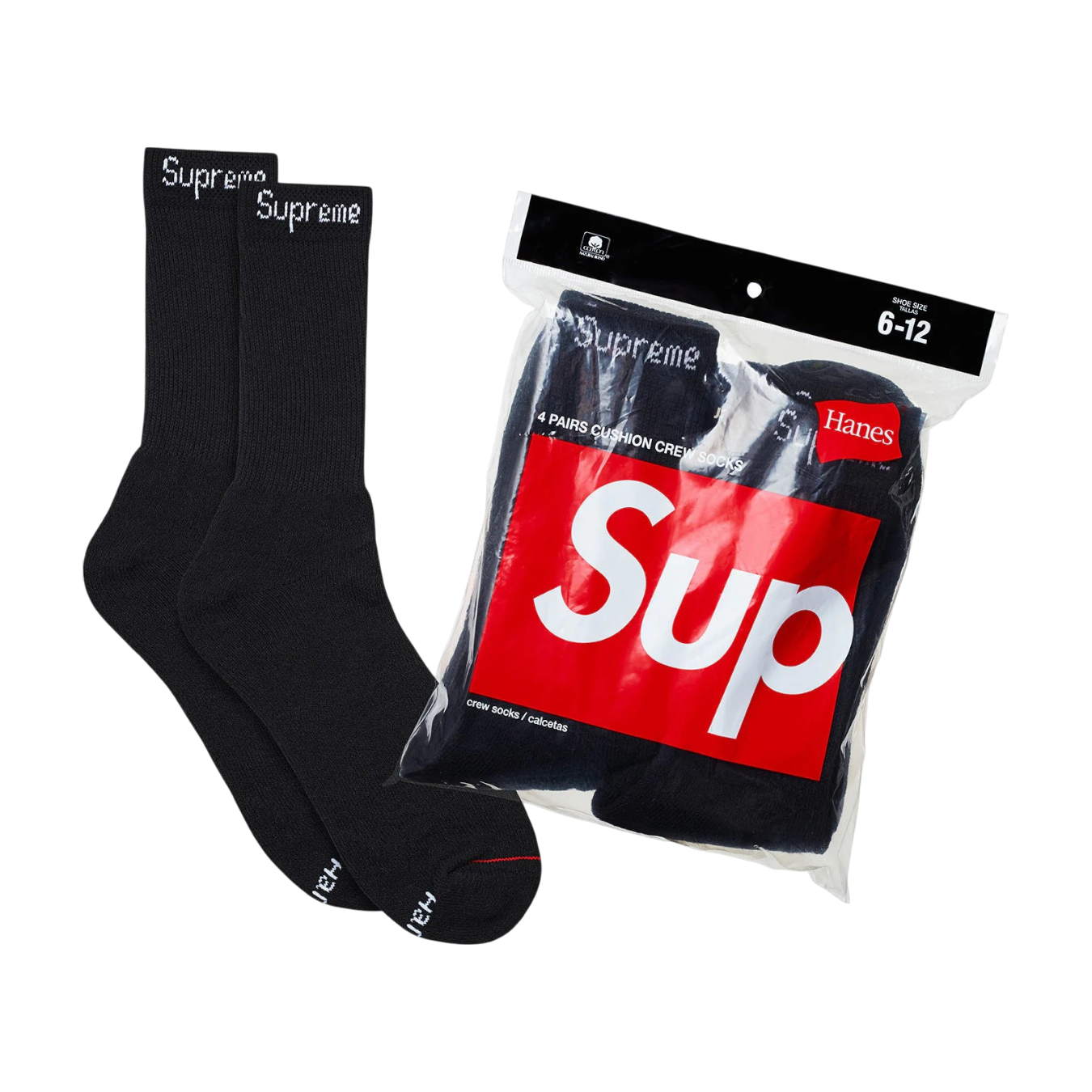 Čierne Supreme Hanes Crew ponožky s červeným logom Supreme