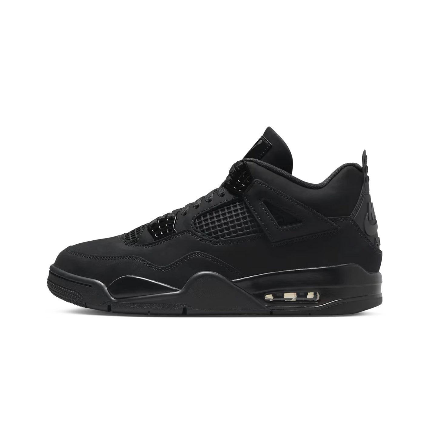 Air Jordan 4 Retro Black Cat 2025 – bočný profil v all-black nubukovom prevedení