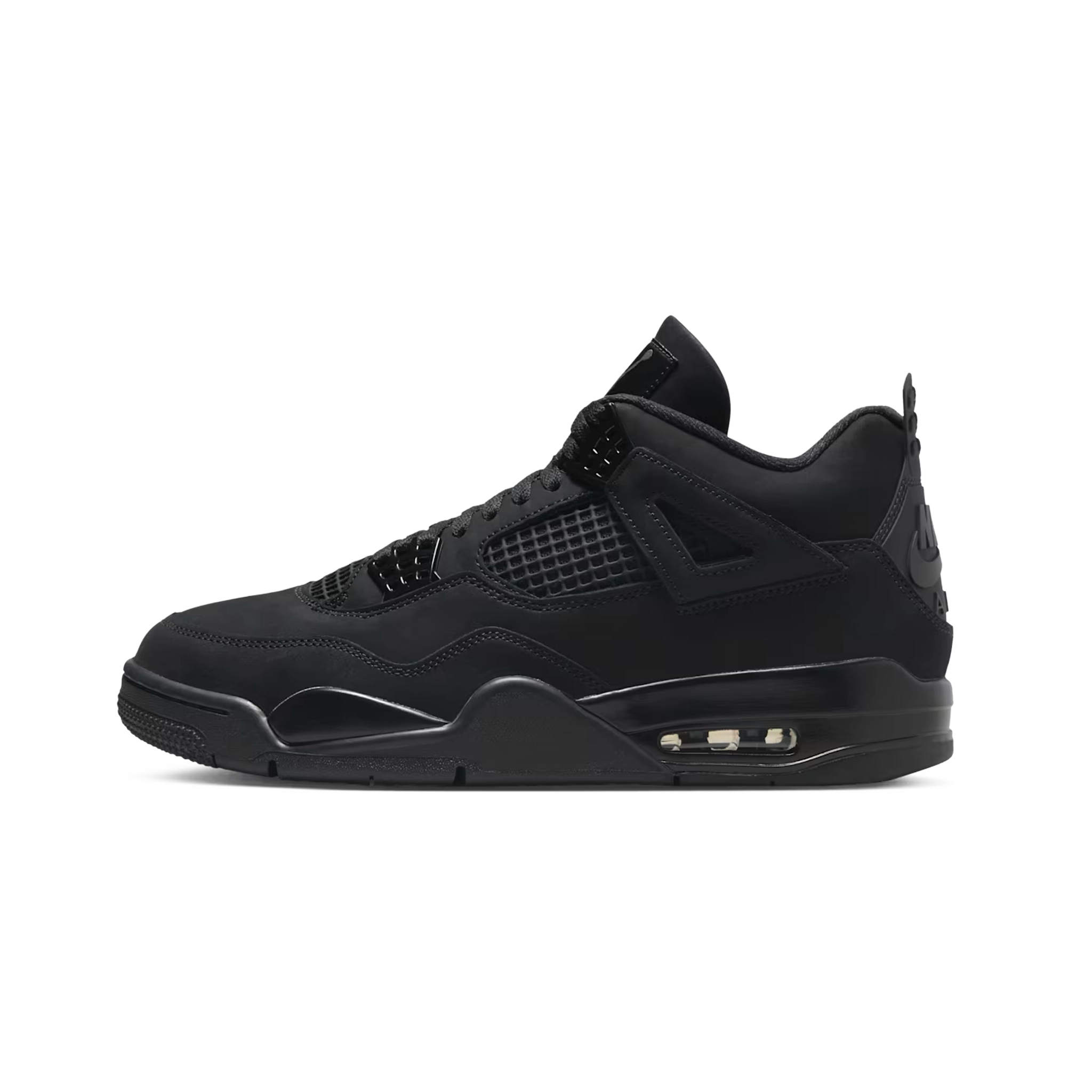 Air Jordan 4 Retro Black Cat 2025 – bočný profil v all-black nubukovom prevedení