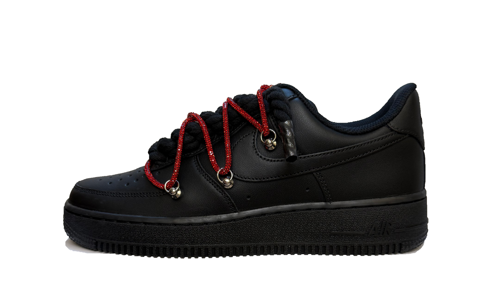 Custom Nike Air Force 1 Low Black Glitter Rope Laces Black – čierne tenisky s trblietavými červenými šnúrkami a ikonickým logom Swoosh