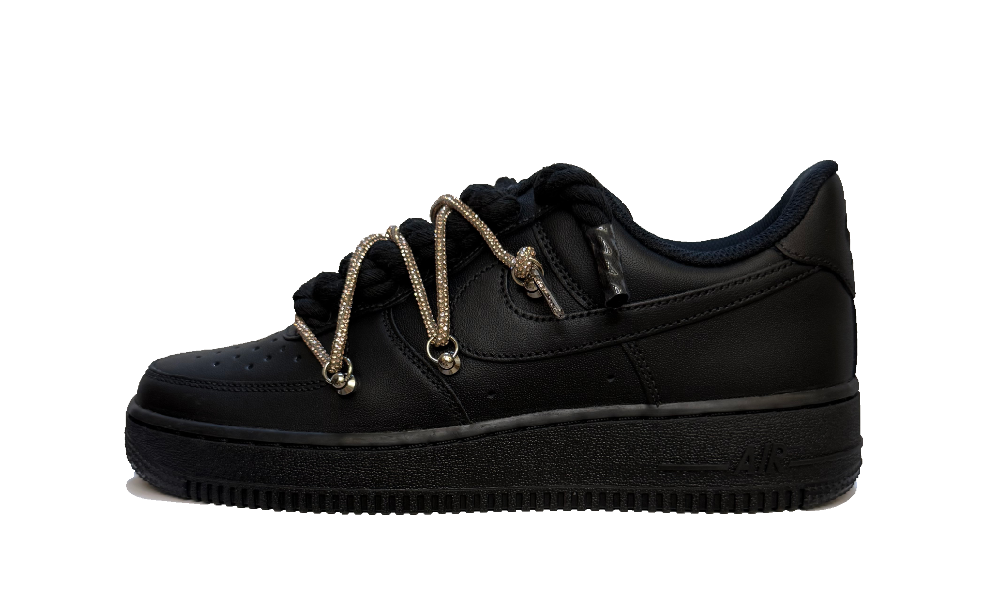 Custom Nike Air Force 1 Low Black Glitter Rope Laces Black – čierne tenisky s trblietavými zlatými šnúrkami a ikonickým logom Swoosh