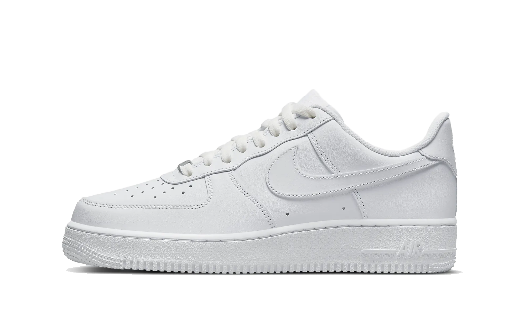 Biele tenisky Nike Air Force 1 Low '07 White – detail bočného profilu s ikonickým Swoosh logom a koženým zvrškom