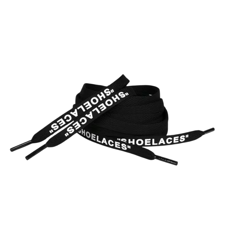 Off-White Flat Laces Black – čierne ploché šnúrky s nápisom "SHOELACES", ideálne pre Nike Air Force 1 a streetwear look.