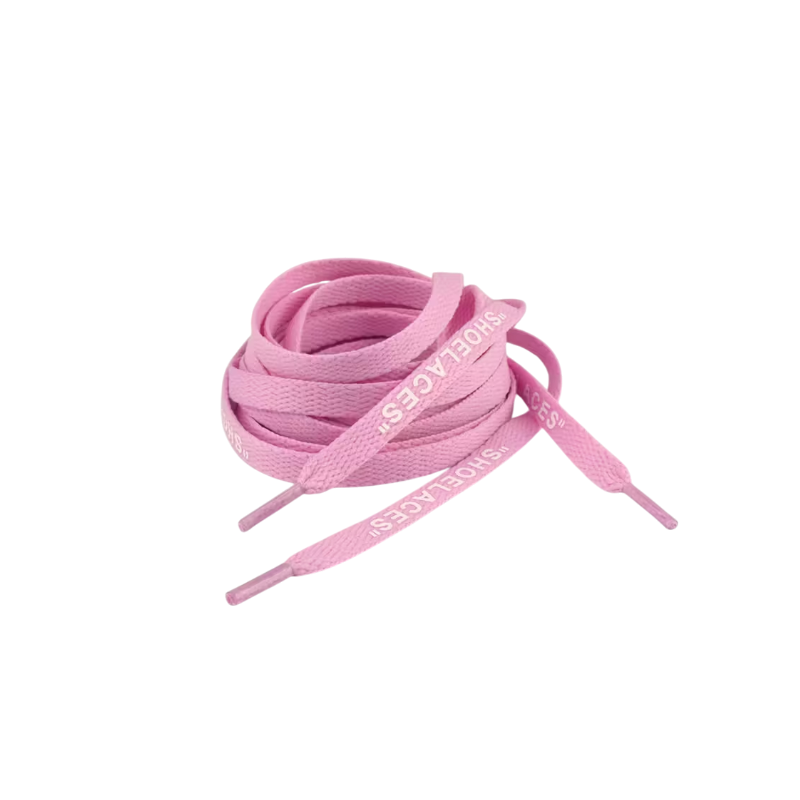 Off-White Flat Laces Pink – ružové ploché šnúrky s nápisom "SHOELACES", ideálne pre Nike Air Force 1 a streetwear look.