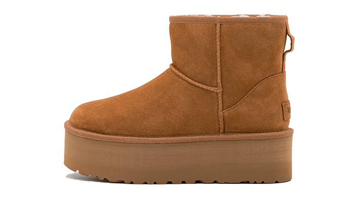 UGG Classic Mini Platform Boot Chestnut – bočný pohľad na semišové členkové čižmy v ikonickej hnedej farbe Chestnut so zvýšenou platformovou podrážkou.