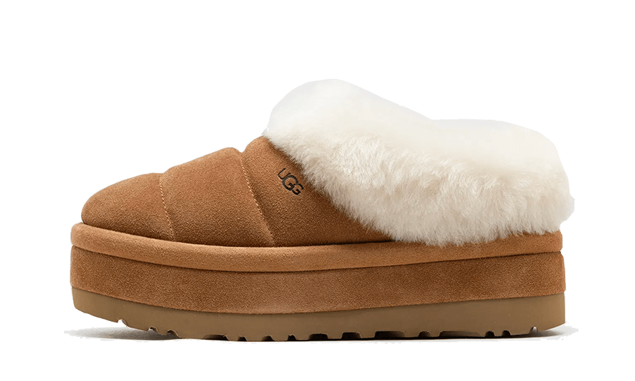 UGG Tazzlita Chestnut – bočný pohľad na papuče v ikonickej hnedej farbe Chestnut s mäkkým kožúškom a zvýšenou podrážkou.